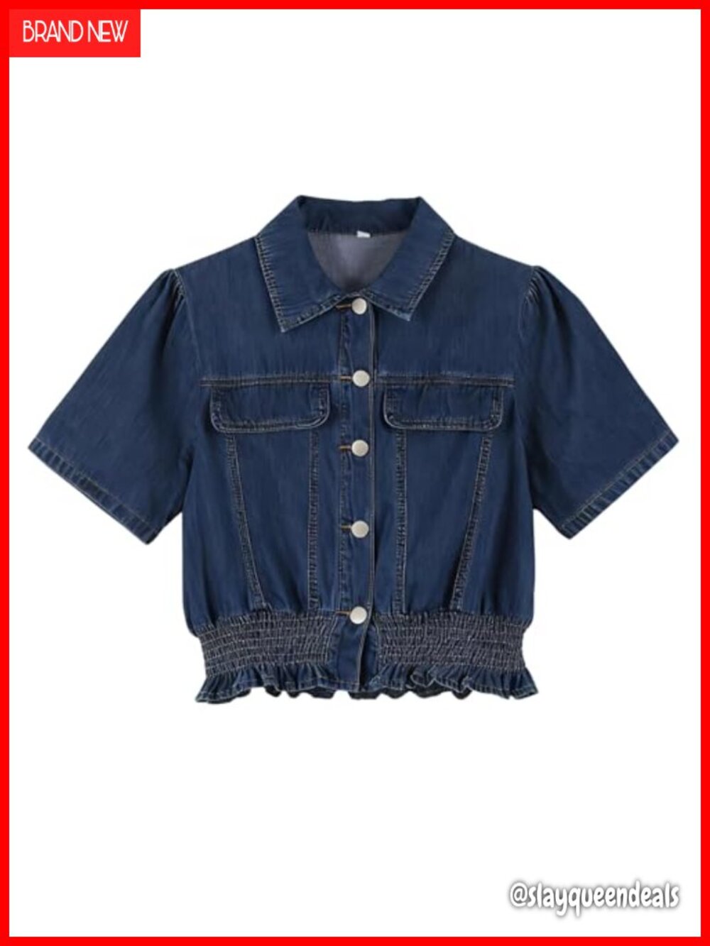 Womens Denim Short Sleeve Crop Top Peplum Ruffle Hem Button Down Shirt